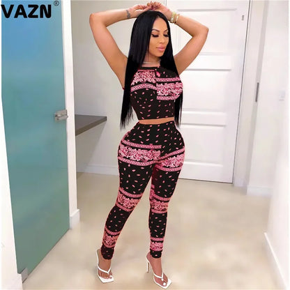 VAZN 2020 Top Quality Elegant Office Sexy Lady Outfits Tracksuits Women Striped Sleeveless Summer Holiday Sets