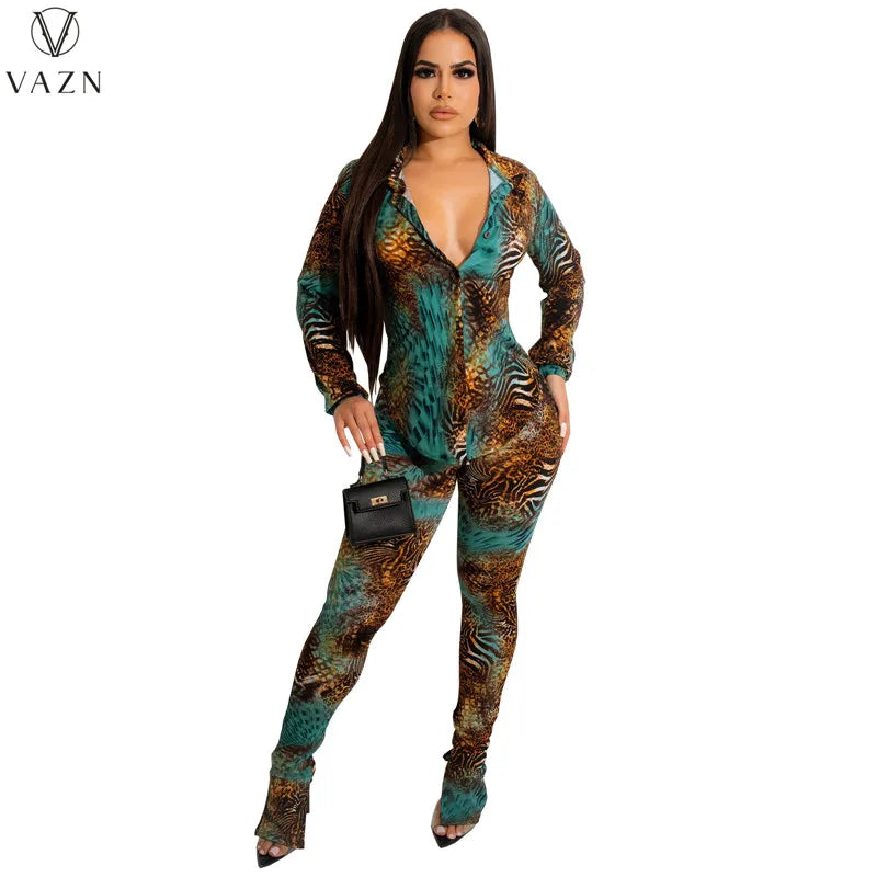 VAZN New 2022 Fashion Casual Street Style Women Suit Long Sleeve Lapel Shirt Elastic Long Pants Printed Two Piece Set