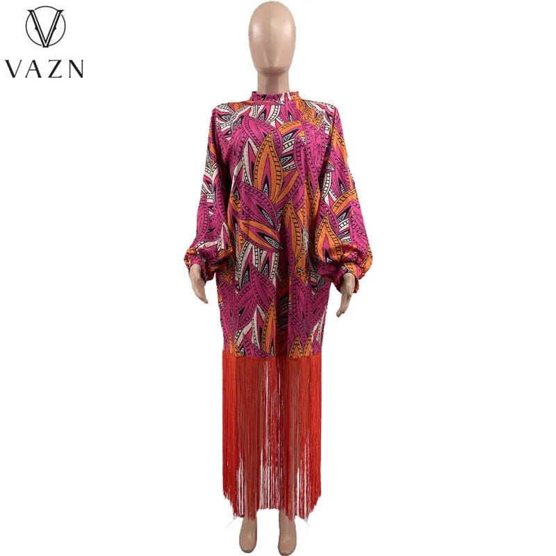 VAZN 2023 New Luxury Designer Young Retro Print Sexy Overalls Round Neck Full Sleeve Style Women Long Straight Tassel Dress