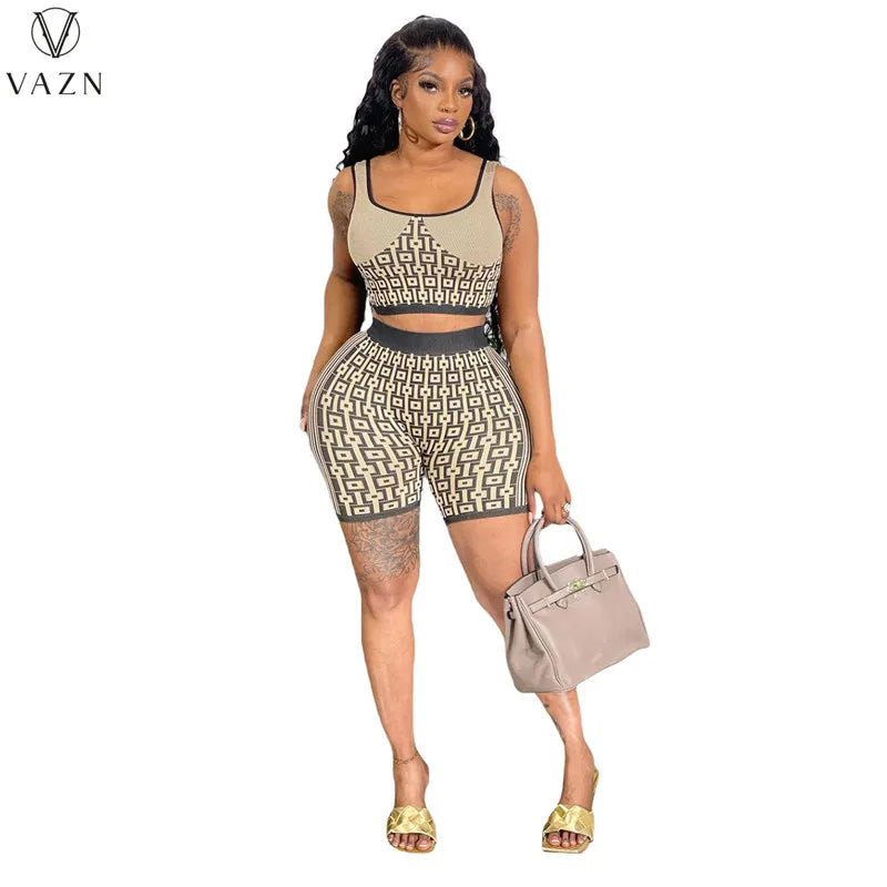 VAZN 2023 Street Girl Style Women Sets Sleeveless Round Neck Short Top Elastic Short Pants Lady Printed Lady 2 Piece Set