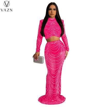 VAZN 2023 Hot Sale High Street Style Women Sets Long Sleeve Round Neck Short Top Elastic Floor Length Skirt Lady 2 Piece Sets