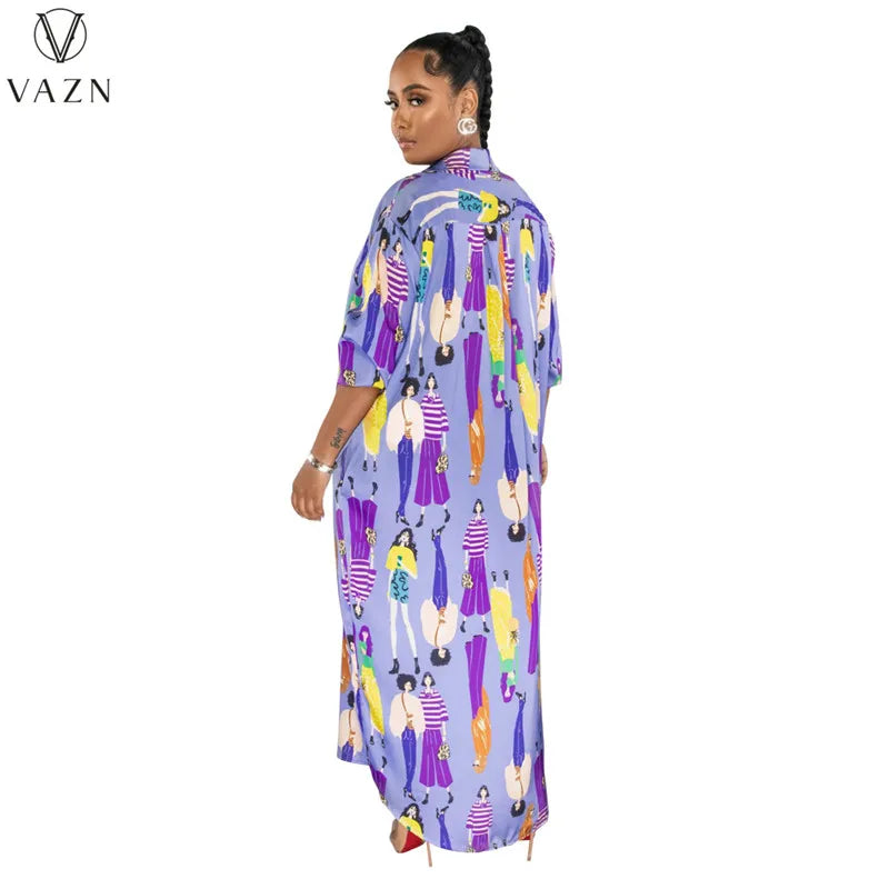 VAZN 2023 Printed Lady Long Dresses Hot Sale Long Sleeve Lapel Dress Casual Street Style Women Floor Length Shirt Dress