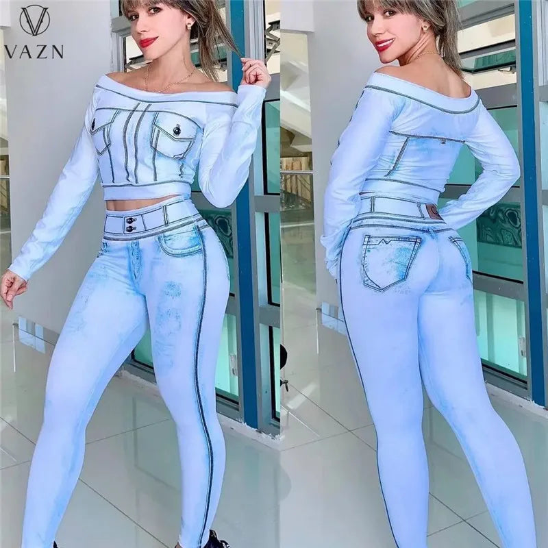 VAZN New 2023 Fashion Street Casual Style Women Suit Long Sleeve Card Shoulder Top Elastic Long Pants Printed Two Piece Sets