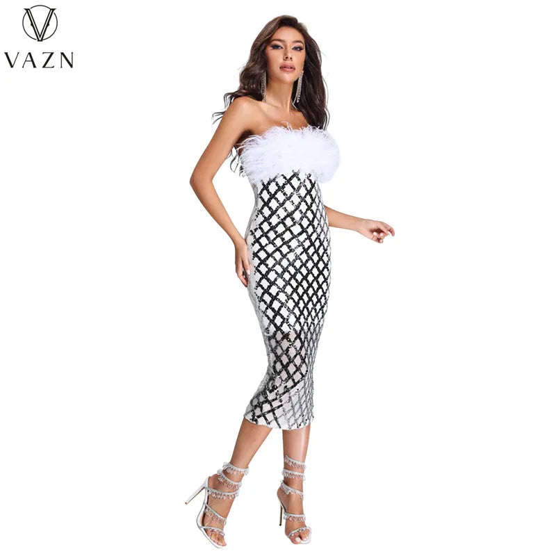 VAZN 2023 New Luxury Designer Young Sexy Club Patchwork Strapless Sleeveless Backless Women High Waist Long Pencil Dress