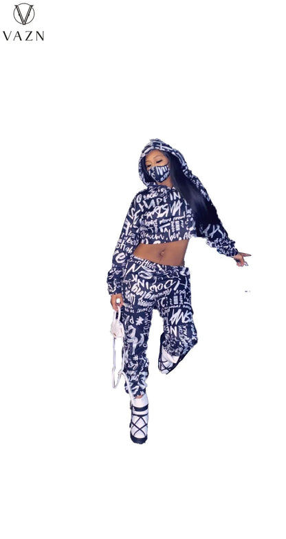 VAZN 2022 Fashion Lady Street Casual Style 2 Piece Sets Long Sleeve Hooded Collar Short Top Elastic Long Pants Printed Women