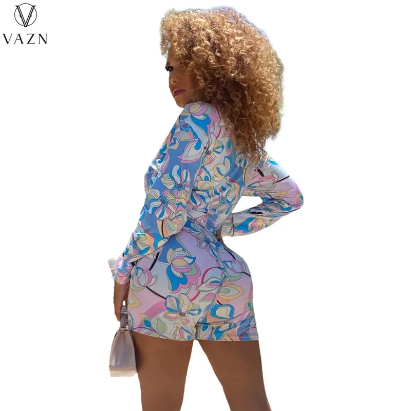 VAZN 2022 New Women Casual Holiday Style Sets Long Sleeve Deep V Top Elastic Short Pants Printed Lady 2 Piece Set