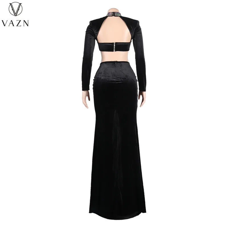 VAZN 2022 Hot Drilling Sexy Club Party Style Women Suit Long Sleeve Dew Waist Top Floor Length Skirt Lady Pure Color 2 Piece Set