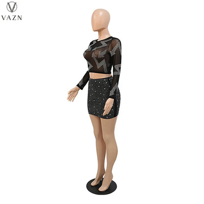 VAZN Hot Drilling 2022 Sexy Club Style Women Suit Long Sleeve Round Neck Short Top Elastic Mini Short Skirt Two Piece Sets