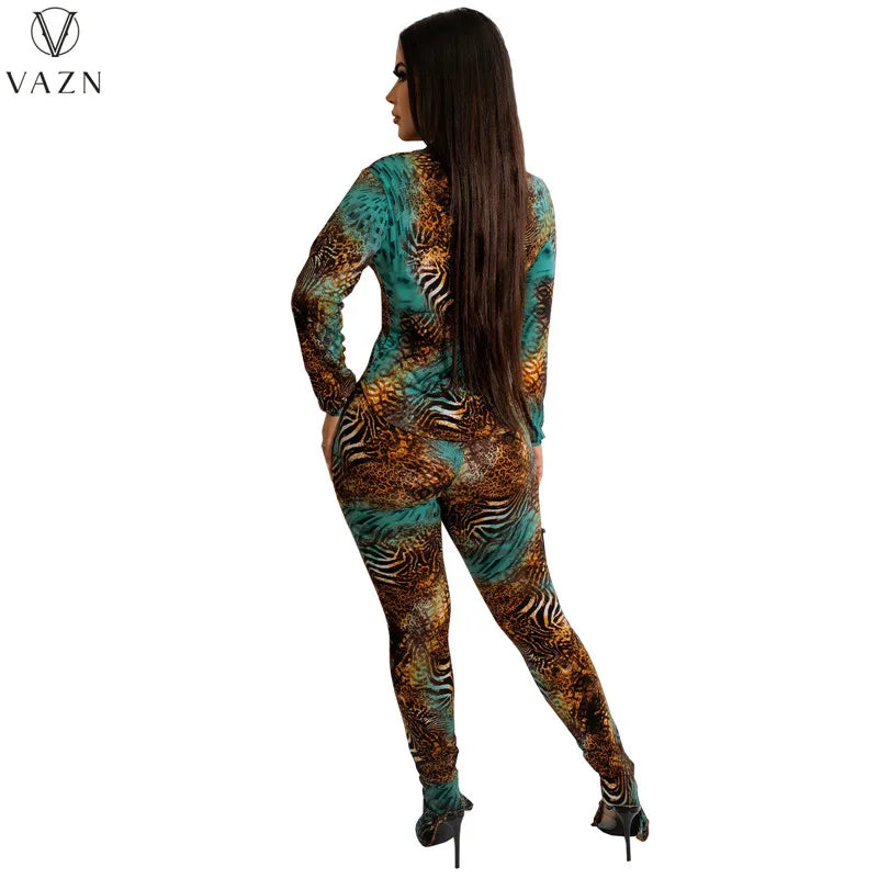 VAZN New 2022 Fashion Casual Street Style Women Suit Long Sleeve Lapel Shirt Elastic Long Pants Printed Two Piece Set