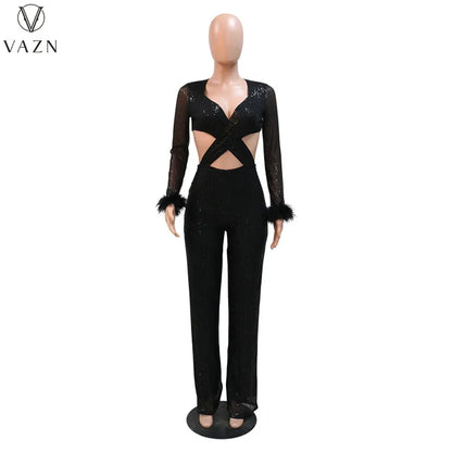 VAZN New 2023 Fashion Sexy Street Style Women Suit Long SleeveV Neck Short Top Elastic Long Pants Pure Color Two Piece Sets