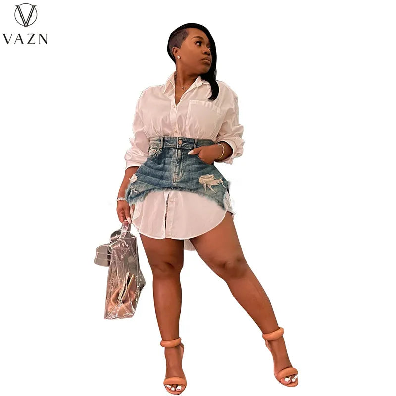 VAZN 2022 Sexy Club Party Style Women Suit Long Sleeve Lapel Shirt Buttons Mini Short Denim Skirt Lady Pure Color 2 Piece Set