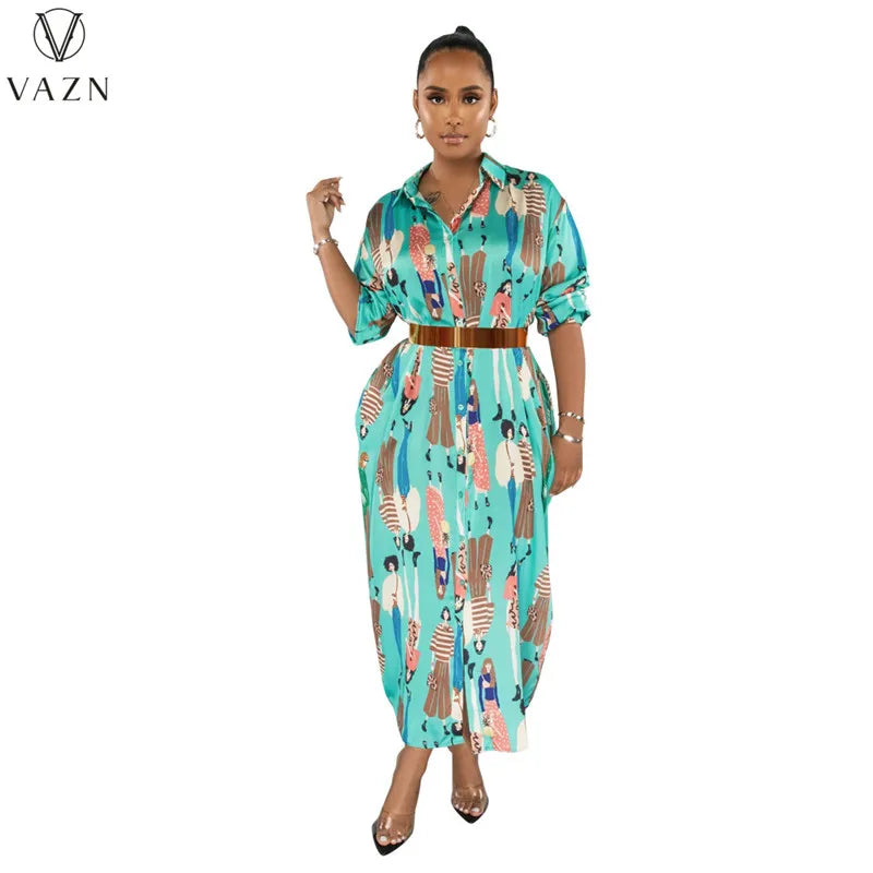 VAZN 2023 Printed Lady Long Dresses Hot Sale Long Sleeve Lapel Dress Casual Street Style Women Floor Length Shirt Dress