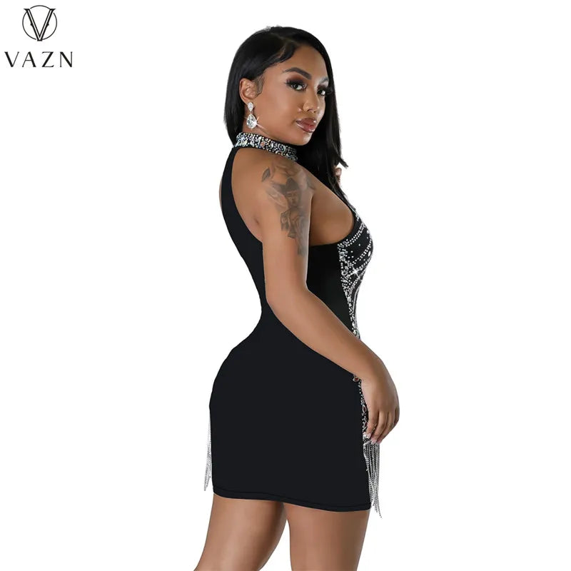 VAZN 2023 New Luxury Designer Solid Young Sexy Club Hotsweet Diamonds Halter Off Shoulder Tassel High Waist Women Short Dress