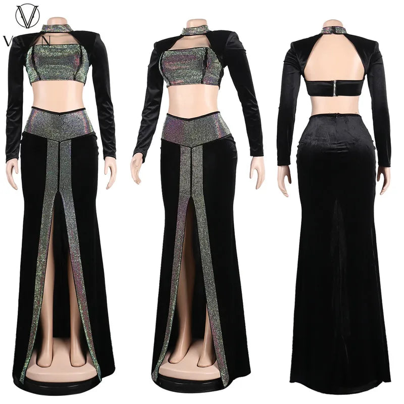 VAZN 2022 Hot Drilling Sexy Club Party Style Women Suit Long Sleeve Dew Waist Top Floor Length Skirt Lady Pure Color 2 Piece Set