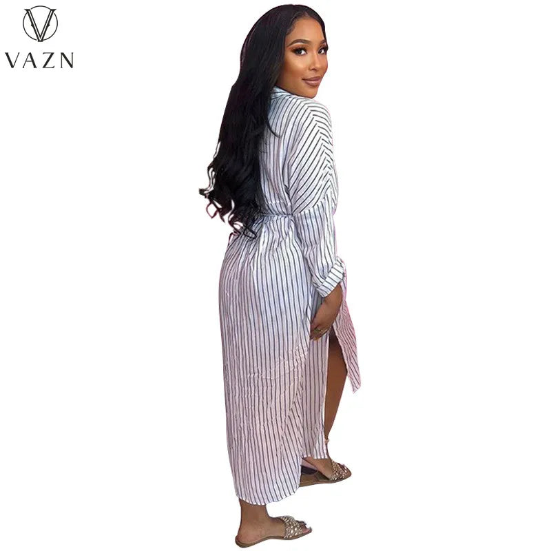 VAZN 2023  Top Quality Striped Casual Young Office Lady Chiffon Striped Full Sleeve Open Stitch Shirt Women Long Straight Dress