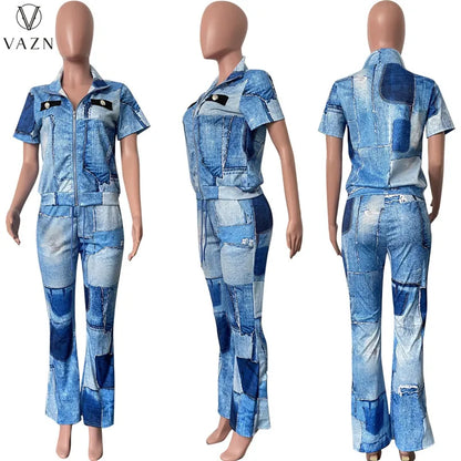 VAZN 2023 New Fashion Casual Street Style 2 Piece Sets Short Sleeve Lapel Zipper Top Elastic Long Pants Printed Women Set