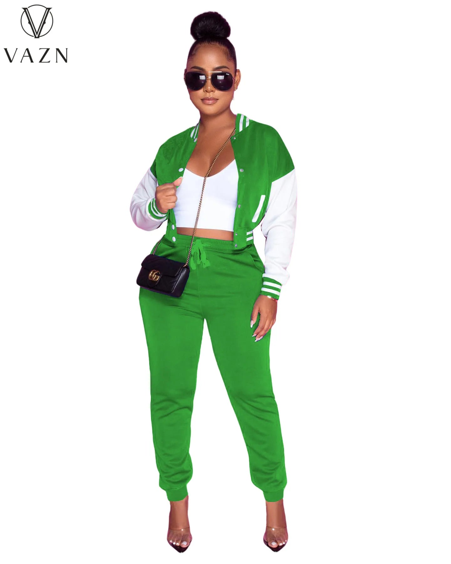 VAZN 2022 Fashion Lady Street Casual Style 2 Piece Sets Long Sleeve Short Top Elastic Long Pants Pure Color Women Suit