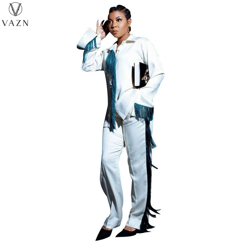 VAZN New 2022 Tassel Casual Street Style Women Suit Long Sleeve Lapel Shirt Elastic Long Pants Pure Color Two Piece Set