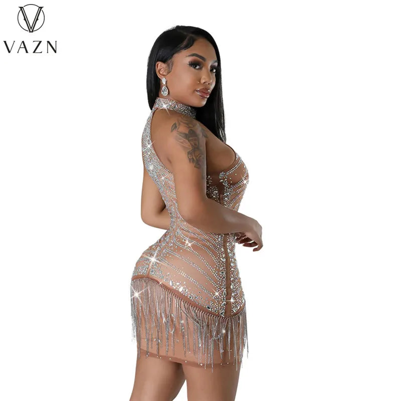 VAZN 2023 New Luxury Designer Solid Lace Sexy Club Hotsweet Diamonds Halter Off Shoulder Tassel High Waist Women Short Dress