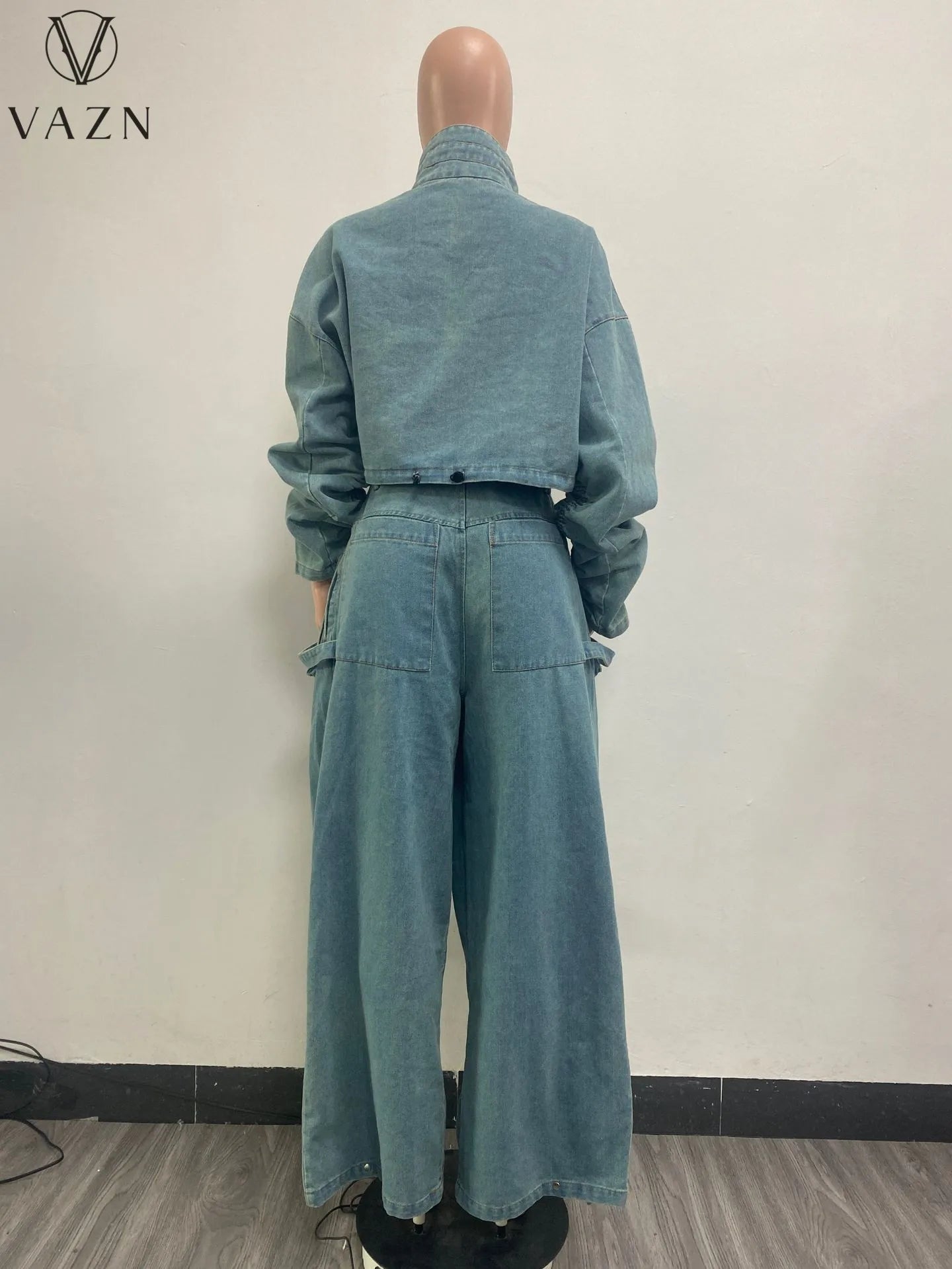 VAZN 2023 Hot Popular Denim Loose Set Solid Young Lazy High-end Full Sleeve Safari Style + Long Wide Leg Pants Women 2 Piece Set