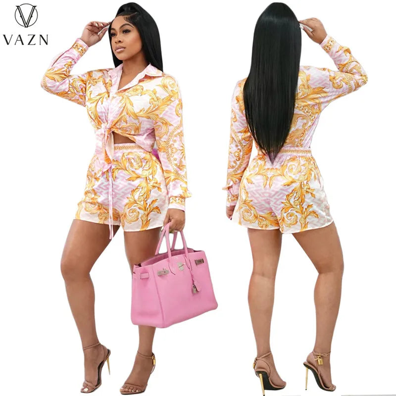 VAZN 2022 New Women Casual Street Style Sets Long Sleeve Lapel Single Breasted Shirt Elastic Short Pants Printed 2 Piece Set