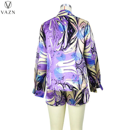 VAZN 2022 Ladies Fashion Street Girl Style Women Suit Long Sleeve Lapel Shirt Elastic Short Pants Printed Two Piece Sets