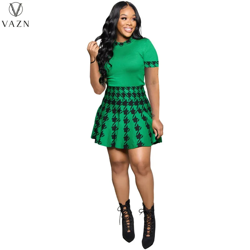 VAZN 2022 Hot Sale Street Girl Style Women Sets Short Sleeve Round Neck Top Elastic Mini Short Skirt Lady Two Piece Set