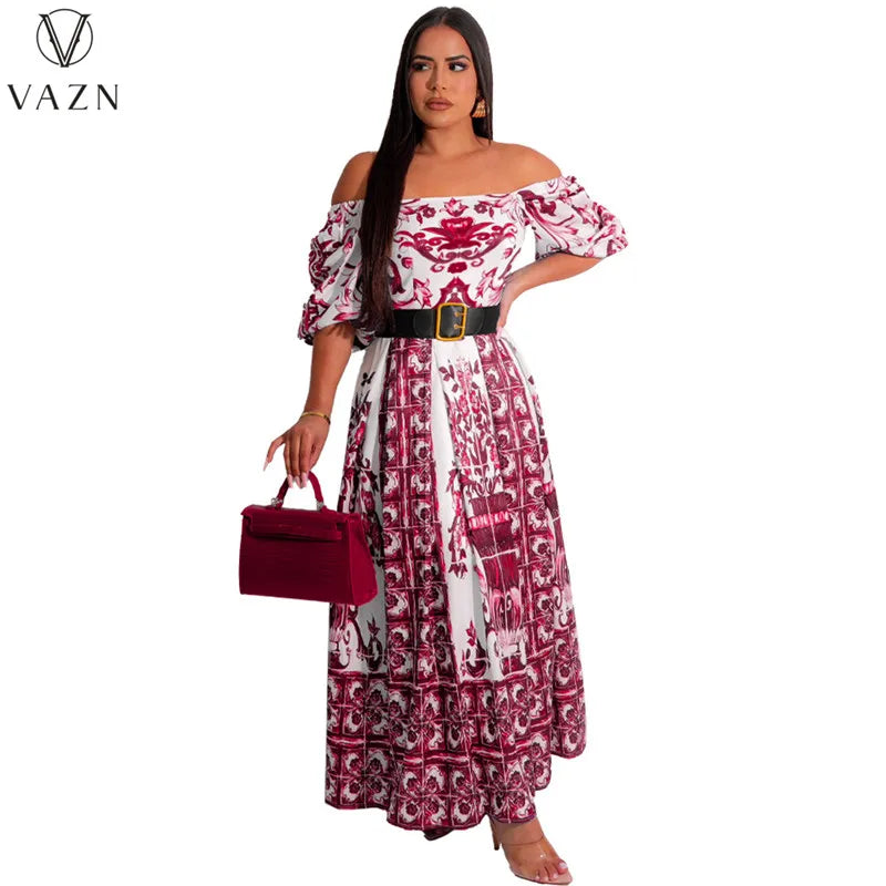 VAZN 2023 Hot Sale Women New High Street Style Long Dress Short Sleeve Card Shoulder Dress Printed Lady Floor Length Dress