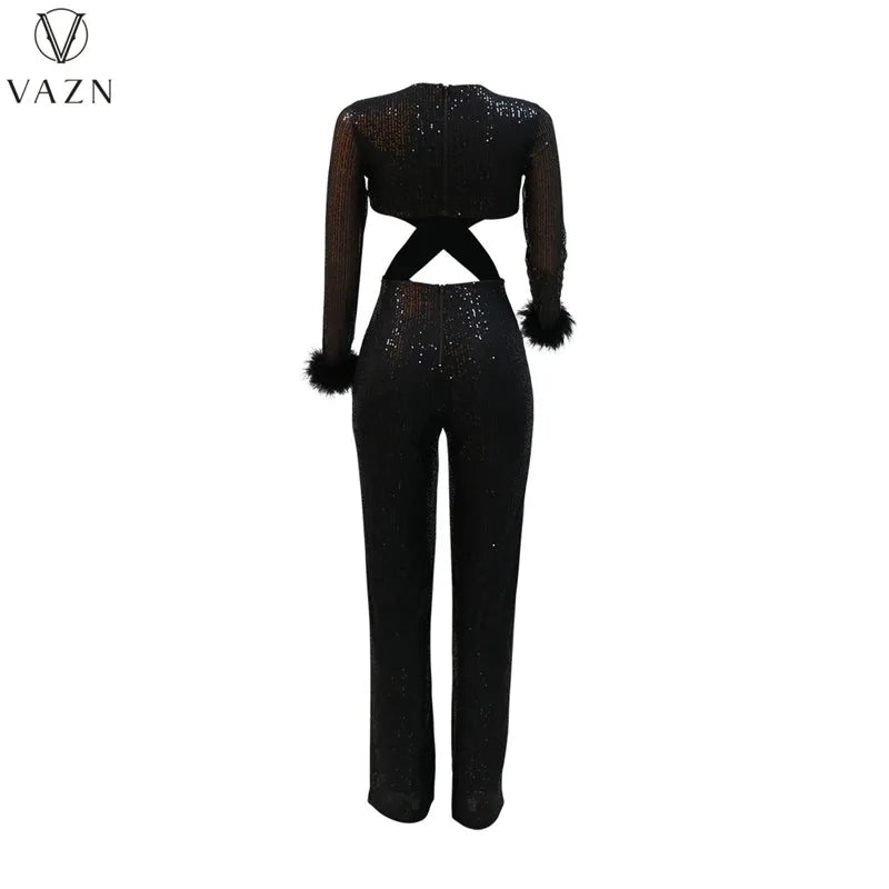 VAZN New 2023 Fashion Sexy Street Style Women Suit Long SleeveV Neck Short Top Elastic Long Pants Pure Color Two Piece Sets