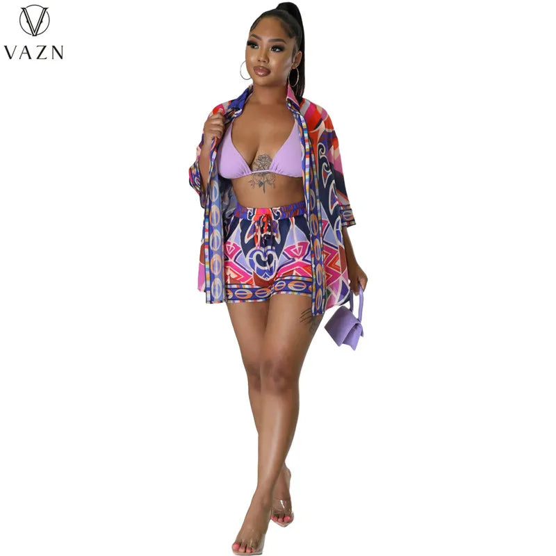 VAZN New 2022 Street Casual Style Women Suit Half Sleeve Lapel Shirt Elastic Short Pants Printed Two Piece Set