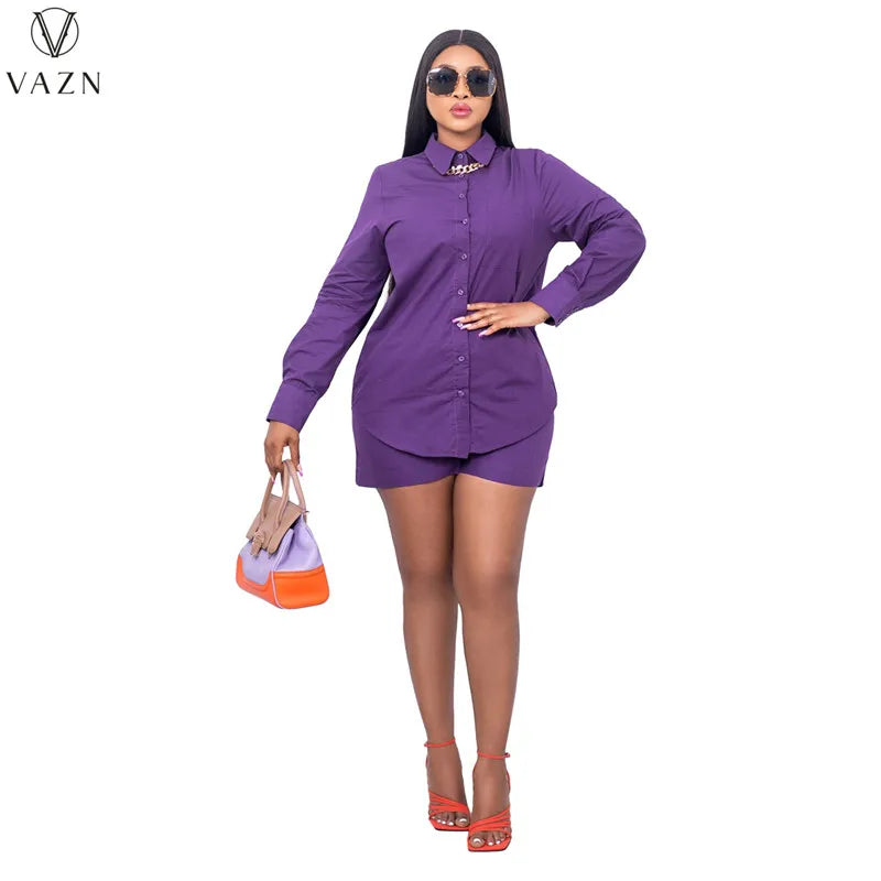 VAZN New 2022 Ladies Spring Fashion Street Girl Style Women Suit Long Sleeve Lapel Shirt Elastic Short Pants Pure Color Set