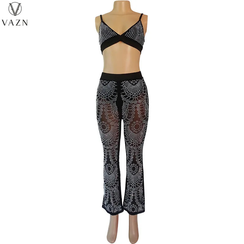 VAZN 2022 Fashion Lady Sexy Street Style 2 Piece Sets Sleeveless Strapless Short Top Elastic Long Pants Printed Women Sets