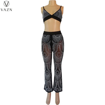 VAZN 2022 Fashion Lady Sexy Street Style 2 Piece Sets Sleeveless Strapless Short Top Elastic Long Pants Printed Women Sets