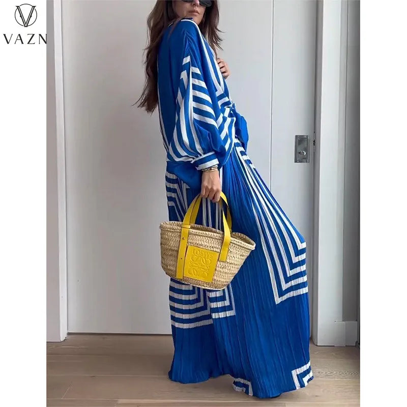 VAZN 2023 New Lady Casual Street Style 2 Piece Sets Long Sleeve Lapel Shirt Elastic Long Pants Printed Women Sets