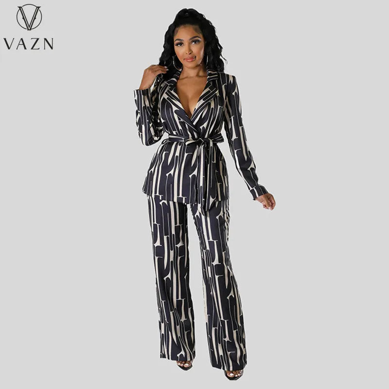 VAZN 2023 Hot Popular Retro Print Suit Set Office Lady Open Stitch Full Sleeve + Long Wide Leg Pants Women 2 Piece Set