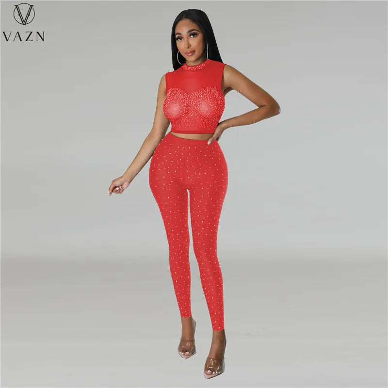 VAZN New 2023 Fashion Sexy Street Style Women Suit Sleeveless Round Neck Short Top Elastic Long Pants Pure Color Two Piece Sets