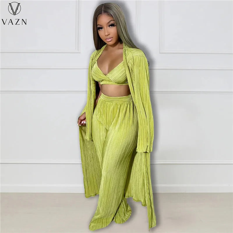 VAZN New 2022 Fashion Casual Street Style Women Suit Long Sleeve Outwear Short Vest Long Pants Pure Color 3 Piece Set