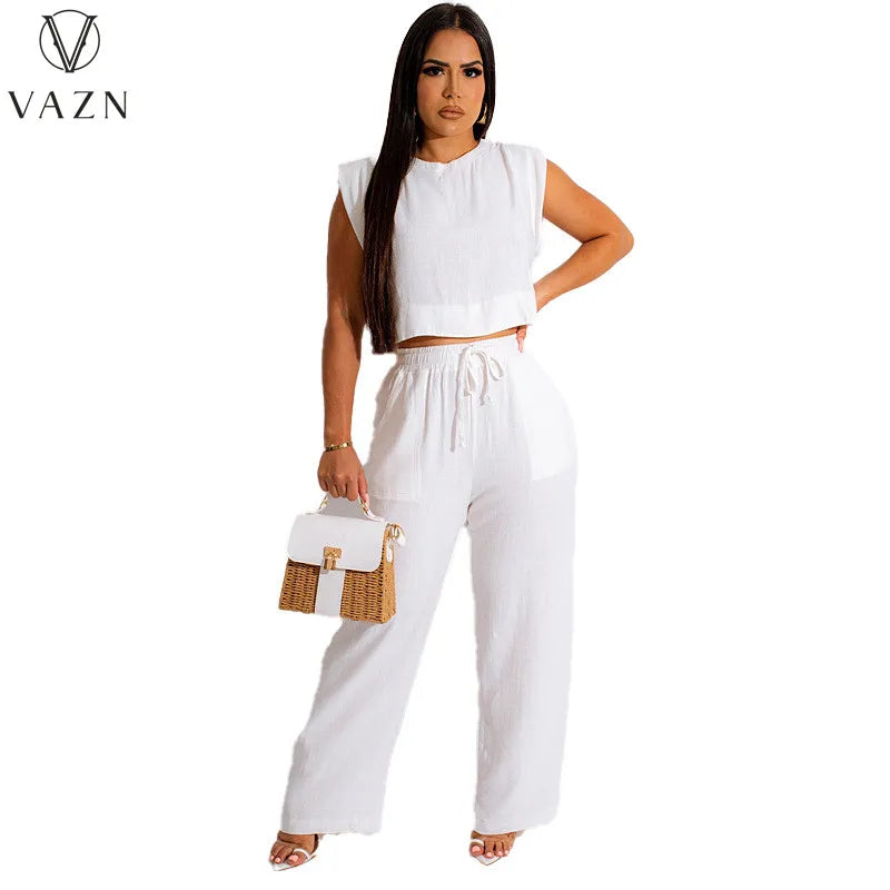 VAZN New 2023 Short Sleeve Round Neck Top Elastic Long Pants Pure Color 2 Piece Set Casual Street Style Women Suit