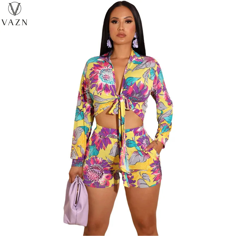 VAZN 2022 New Women Casual Holiday Style Sets Long Sleeve Deep V Top Elastic Short Pants Printed Lady 2 Piece Set