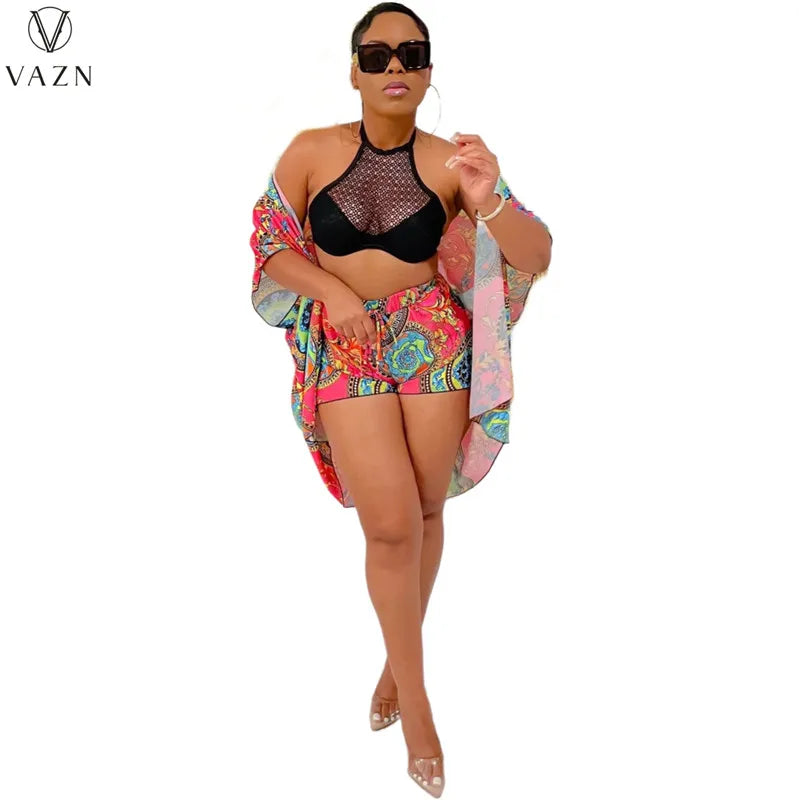 VAZN 2022 Women Sexy Holiday Style Sets Short Sleeve Outwear Elastic Short Pants Printed Lady Two Piece Set