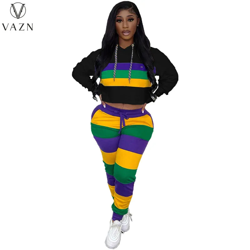 VAZN 2023 Hot Sales Striped Young Casual Suitable Tracksuits Free Hooded Full Sleeve +Long Pencil Pants Women 2 Piece Set