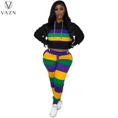 VAZN 2023 Hot Sales Striped Young Casual Suitable Tracksuits Free Hooded Full Sleeve +Long Pencil Pants Women 2 Piece Set