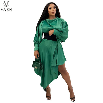 VAZN 2022 Fashion Street Girl Style Women Suit Long Sleeve Round Neck Top Elastic Mid Long Skirt Lady Pure Color 2 Piece Set