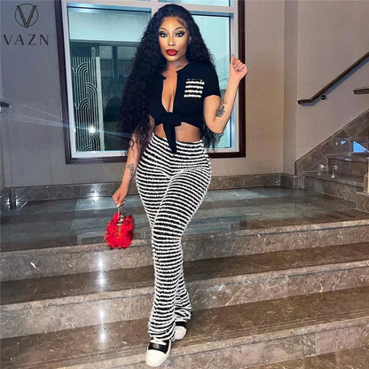 VAZN New 2023 Short Sleeve Deep V Short Top Elastic Long Pants Printed  Lady 2 Piece Set Sexy Street Style Women Suit