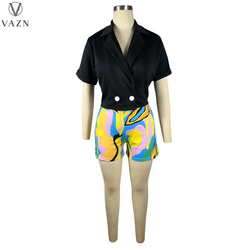 VAZN 2023 Street Casual Style Women Sets Short Sleeve Lapel Short Top Short Pants Lady Printed Lady Two Piece Set