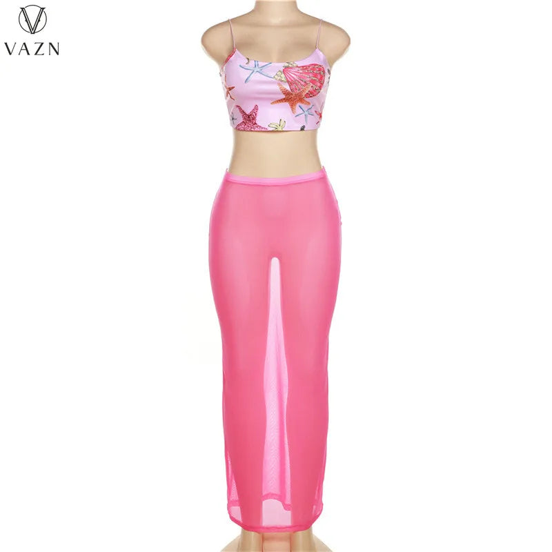 VAZN 2022 Sexy Holiday Beach Style Women Suit Sleeveless Dew Waist Top Elastic Ankle Length Skirt Printed Two Piece Set