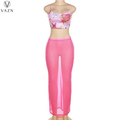 VAZN 2022 Sexy Holiday Beach Style Women Suit Sleeveless Dew Waist Top Elastic Ankle Length Skirt Printed Two Piece Set