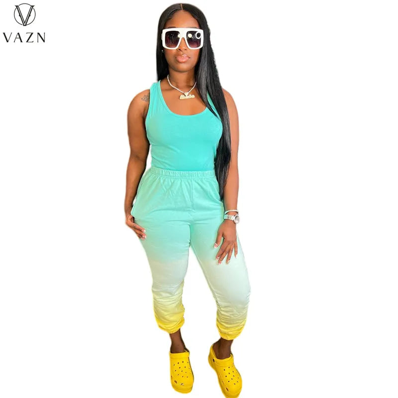 VAZN New 2022 Casual Movement Style Women Suit Sleeveless Round Neck Top Elastic Long Pants Pure Color Two Piece Set