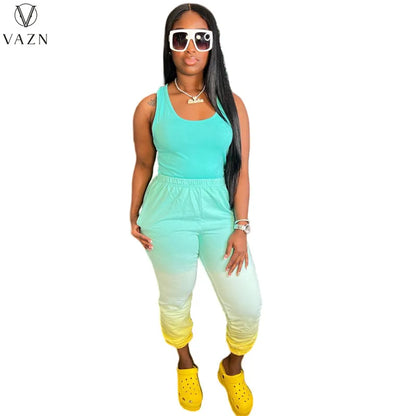 VAZN New 2022 Casual Movement Style Women Suit Sleeveless Round Neck Top Elastic Long Pants Pure Color Two Piece Set