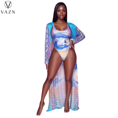 VAZN 2022 Fashion New Women Sexy Beach Style Sets Sleeveless Jumpsuits Short Pants Long Outwear Printed Two Piece Sets